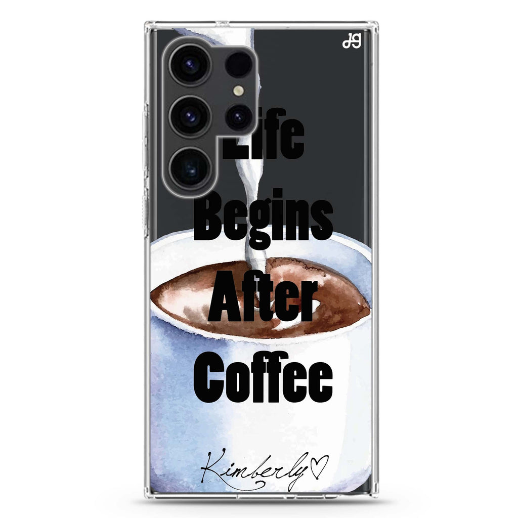 Life begins after coffee Samsung Galaxy Ultra 可加名字透明保護殼，適用 S26/S25/S24/S23 Ultra，圖1
