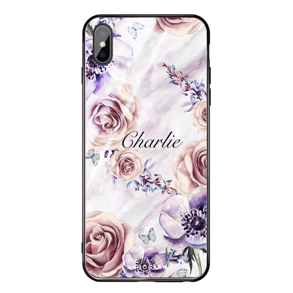 White Marble & Flower iPhone XS 超薄強化玻璃殻