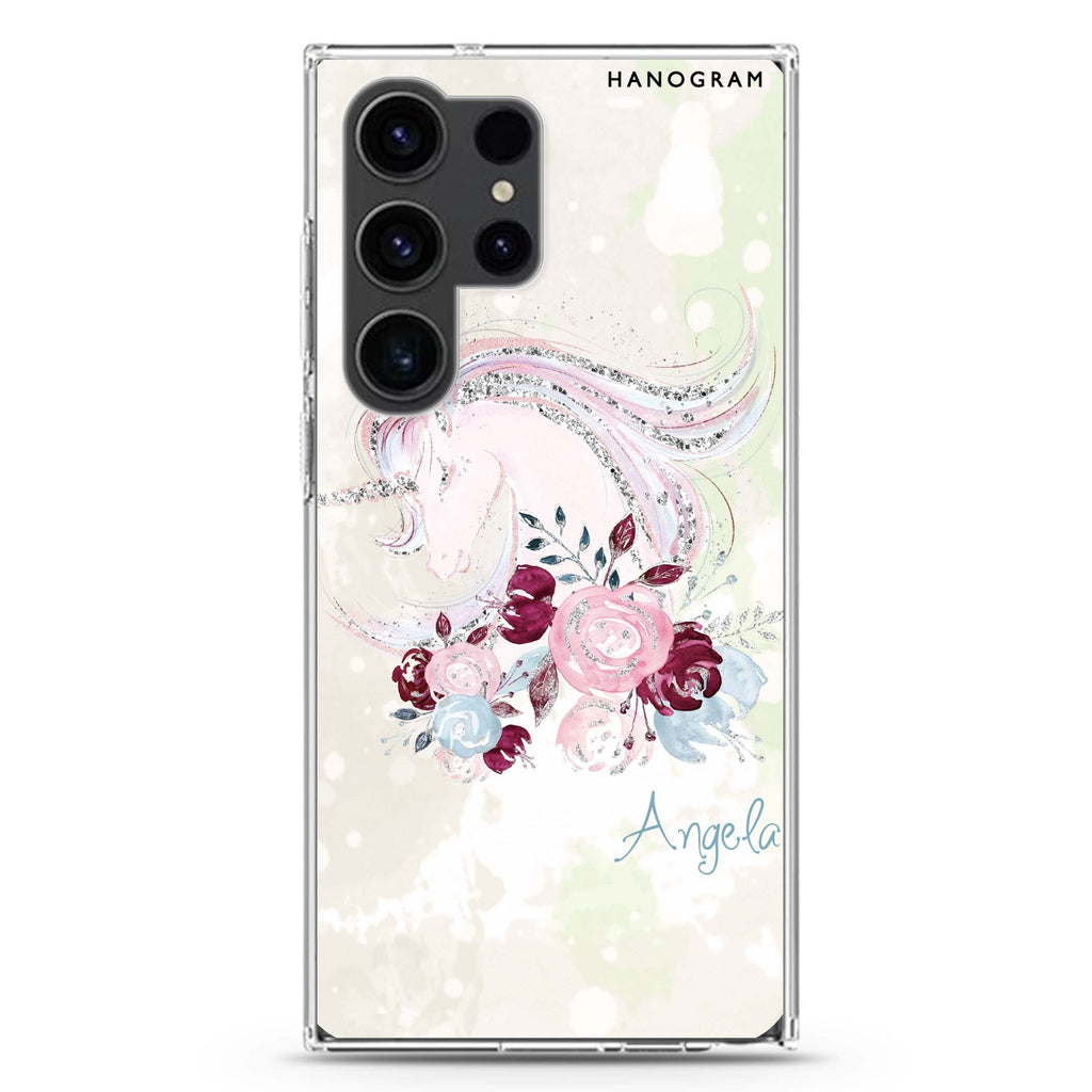 Unicorn & Floral Samsung Galaxy Ultra 可加名字透明保護殼，適用 S26/S25/S24/S23 Ultra，圖1