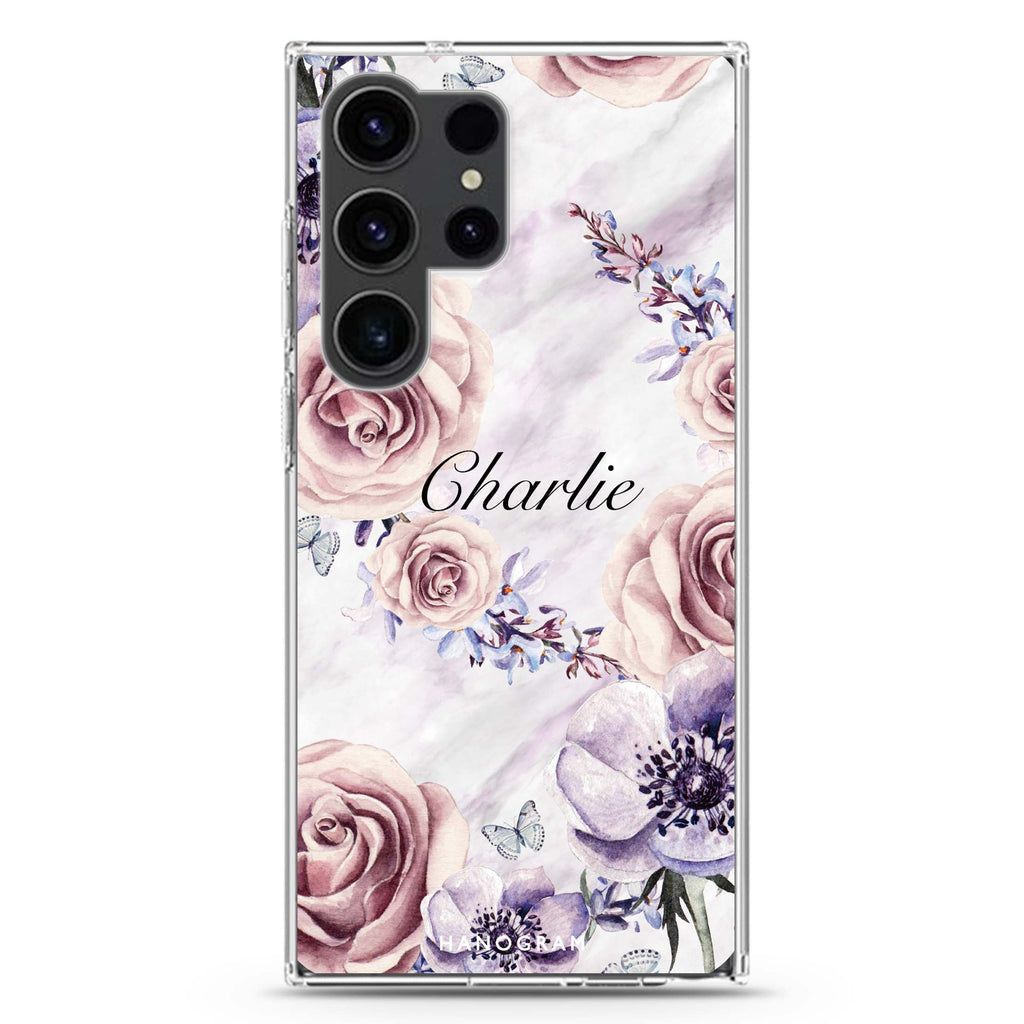 White Marble & Flower Samsung Galaxy Ultra 可加名字透明保護殼，適用 S26/S25/S24/S23 Ultra，圖1