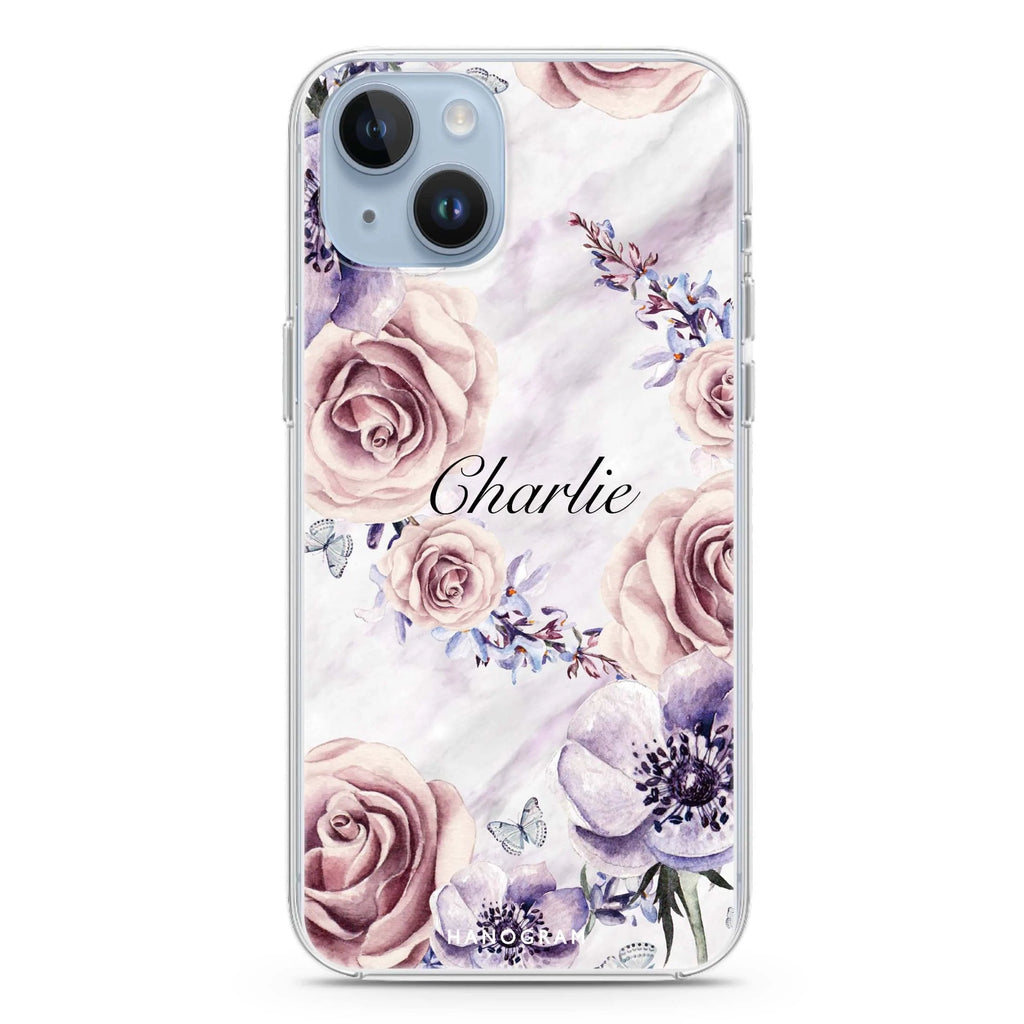 White Marble & Flower iPhone 14 plus 水晶透明保護殼