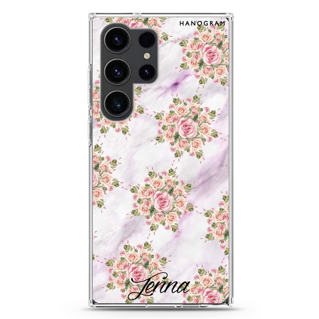 Floral & White Marble Samsung Galaxy Ultra 可加名字透明保護殼，適用 S26/S25/S24/S23 Ultra，圖1