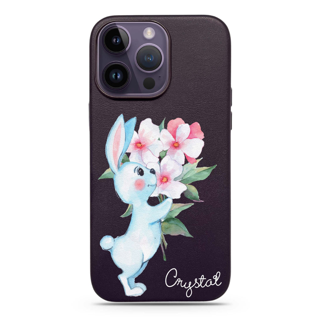 Rabbit And Flowers Magsafe 兼容皮革保護殼