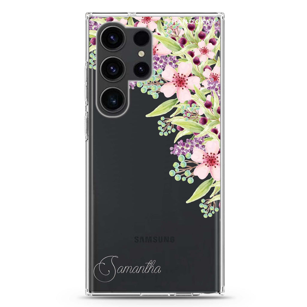 Pink Flowers Samsung Galaxy Ultra 可加名字透明保護殼，適用 S26/S25/S24/S23 Ultra，圖1