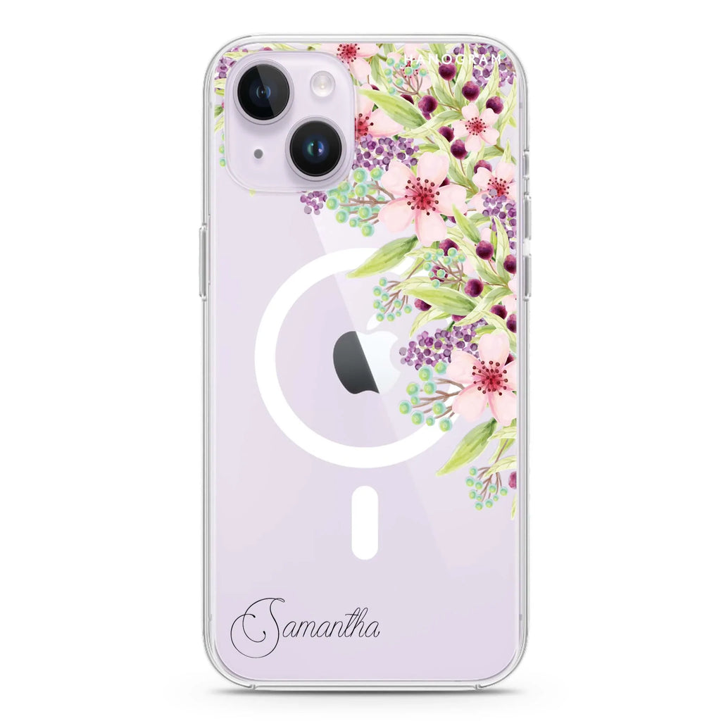 Pink Flowers iPhone 14 Magsafe 兼容水晶透明保護殼