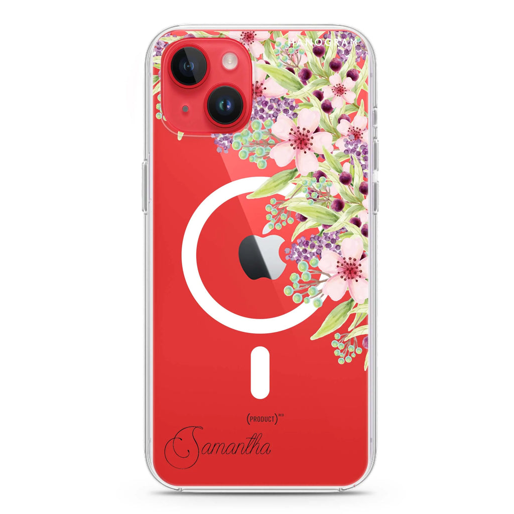 Pink Flowers iPhone 14 Plus Magsafe 兼容水晶透明保護殼