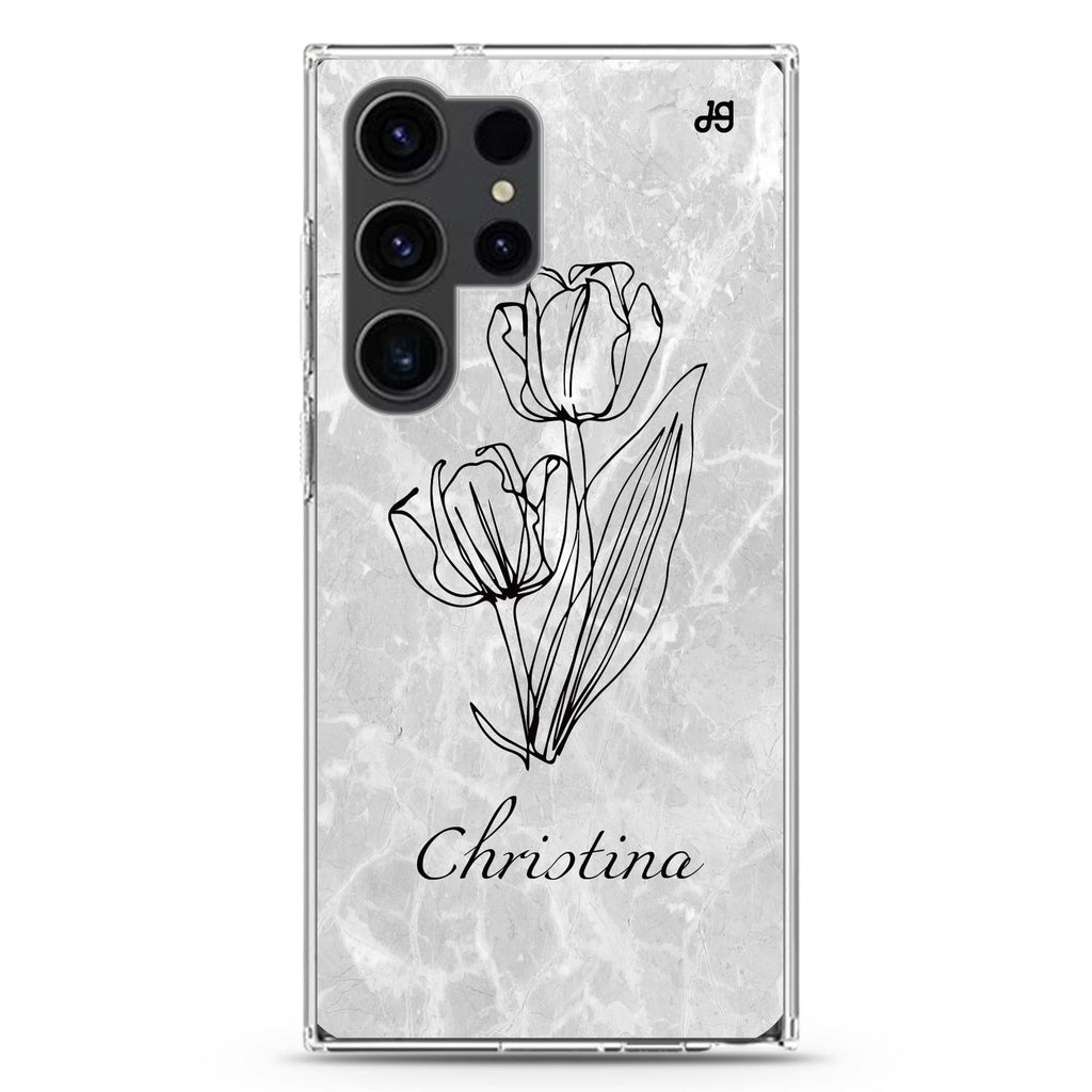 Marble And Exquisite Flowers Samsung Galaxy Ultra 可加名字透明保護殼，適用 S26/S25/S24/S23 Ultra，圖1