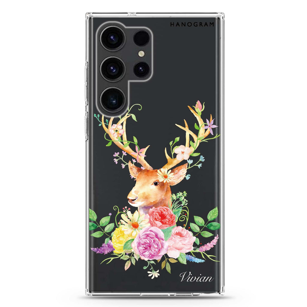 Floral & Deer Samsung Galaxy Ultra 可加名字透明保護殼，適用 S26/S25/S24/S23 Ultra，圖1