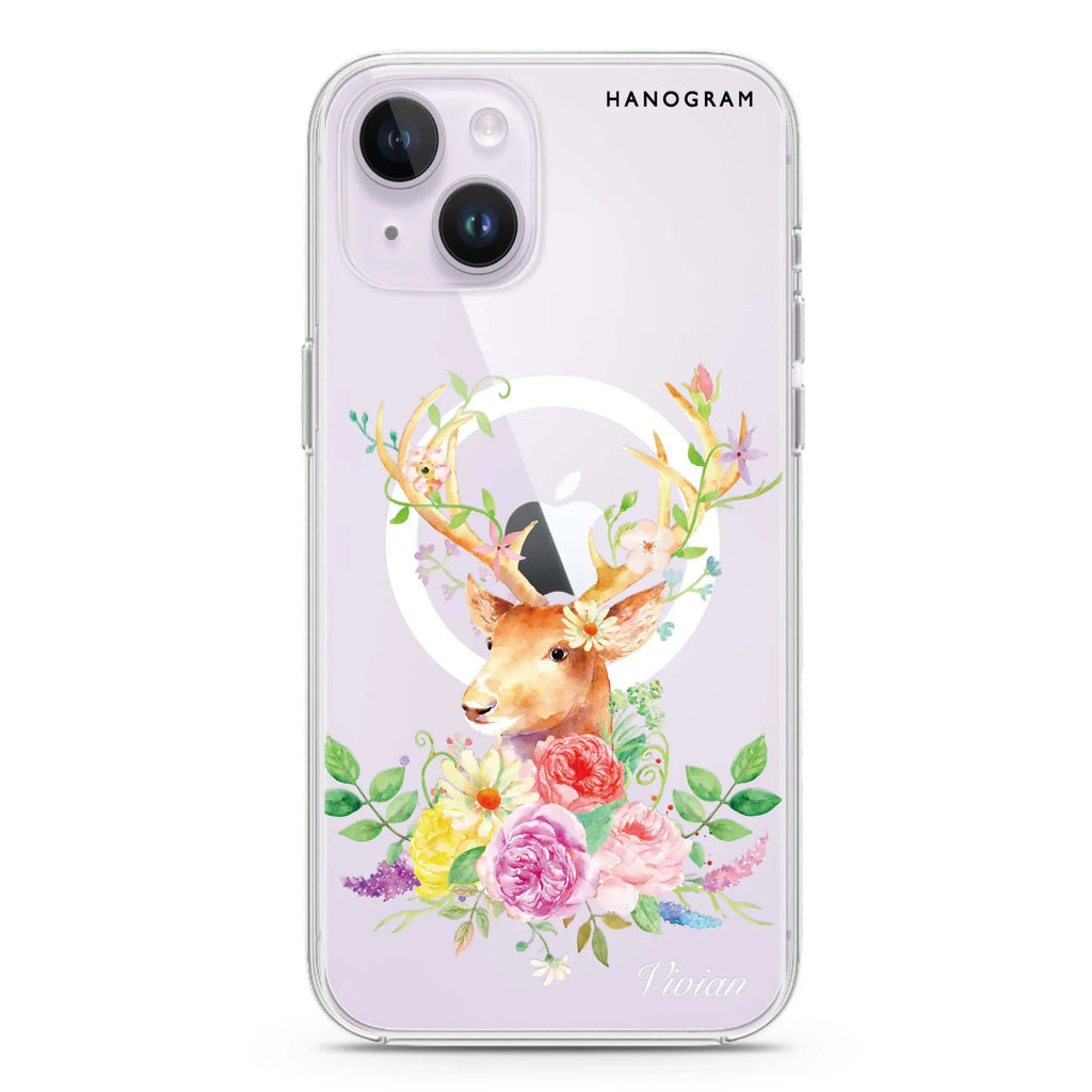 Floral & Deer iPhone 14 Magsafe 兼容水晶透明保護殼