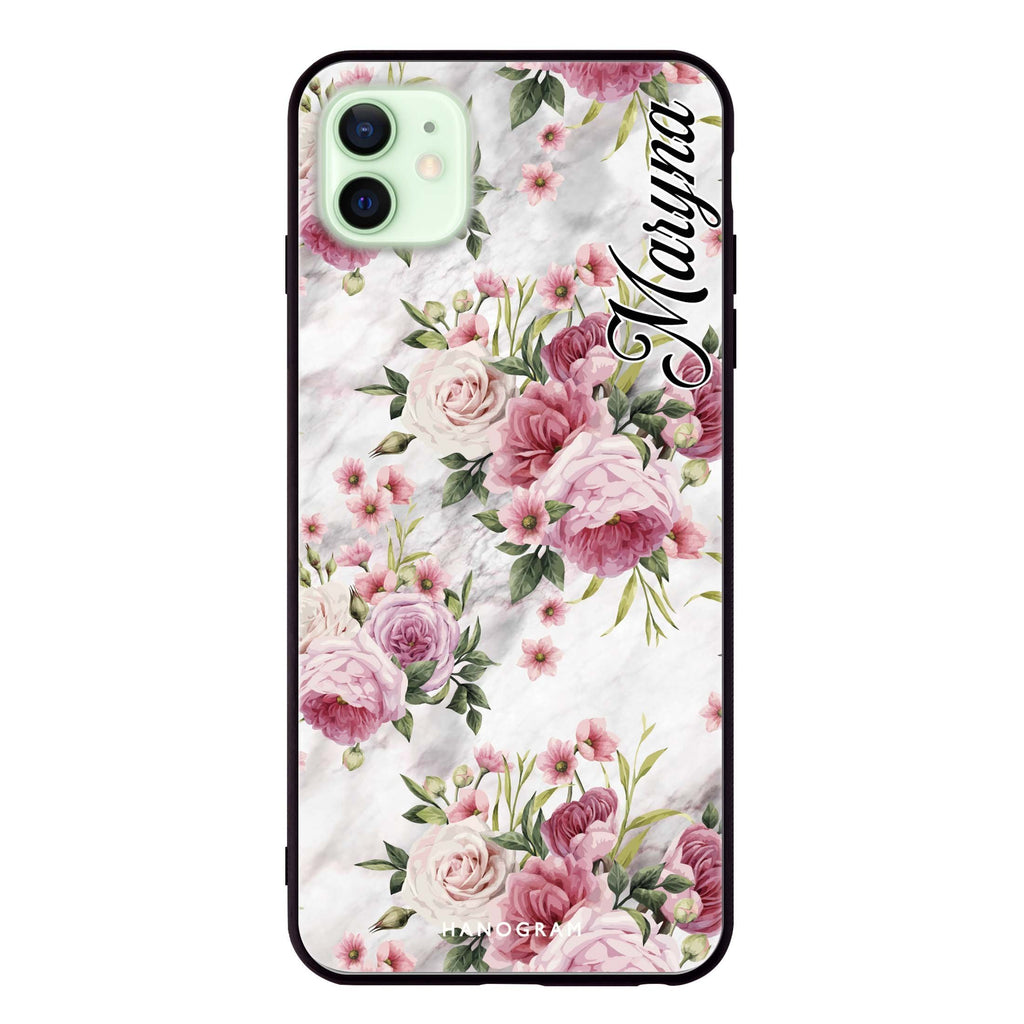 Marble and Pink Floral iPhone 12 mini 超薄強化玻璃殻