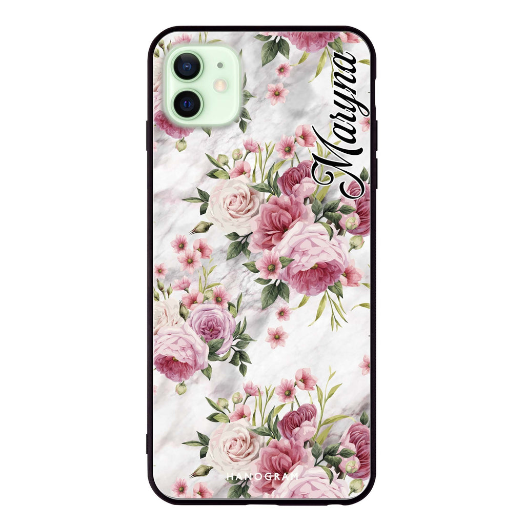 Marble and Pink Floral iPhone 12 超薄強化玻璃殻