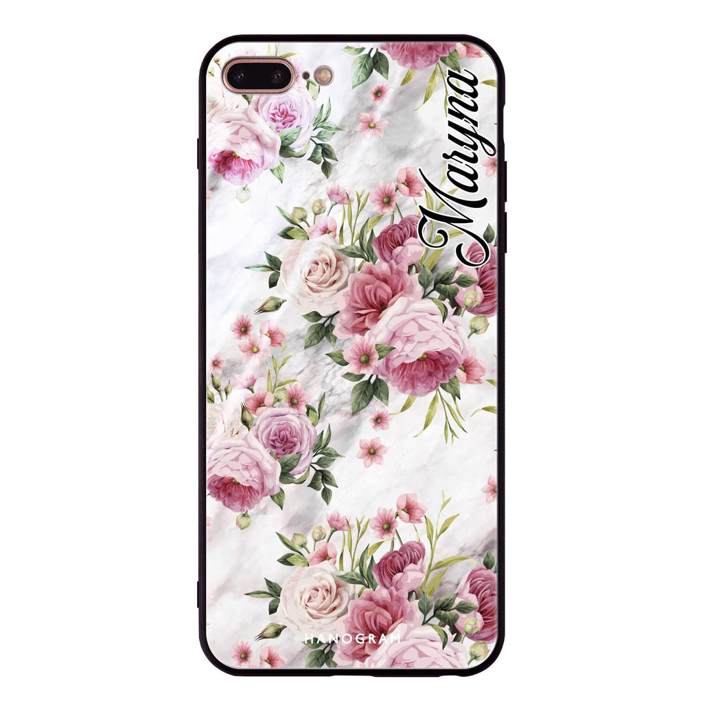 Marble and Pink Floral iPhone 8 Plus 超薄強化玻璃殻