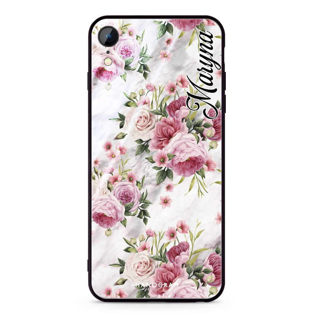 Marble and Pink Floral iPhone XR 超薄強化玻璃殻