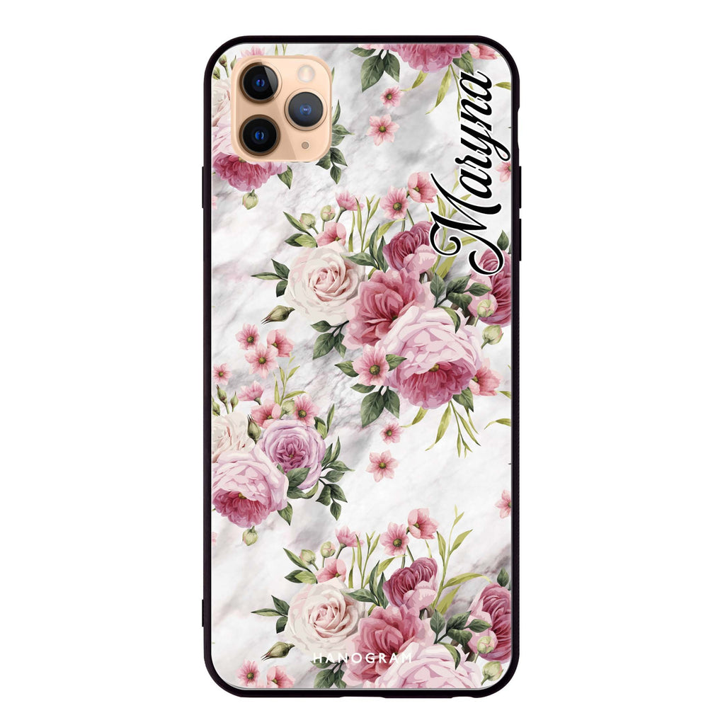 Marble and Pink Floral iPhone 11 Pro Max 超薄強化玻璃殻