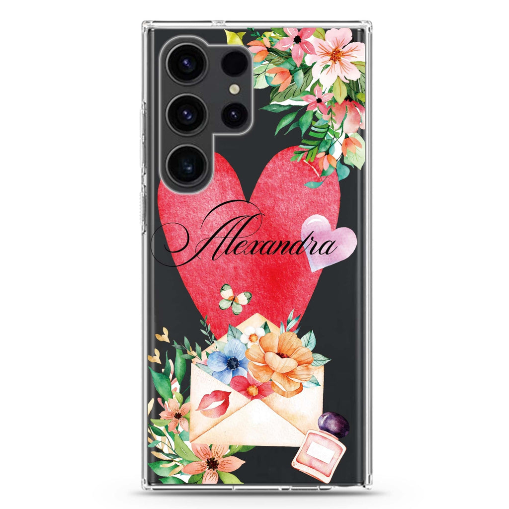 Floral Love Letter Samsung Galaxy Ultra 可加名字透明保護殼，適用 S26/S25/S24/S23 Ultra，圖1