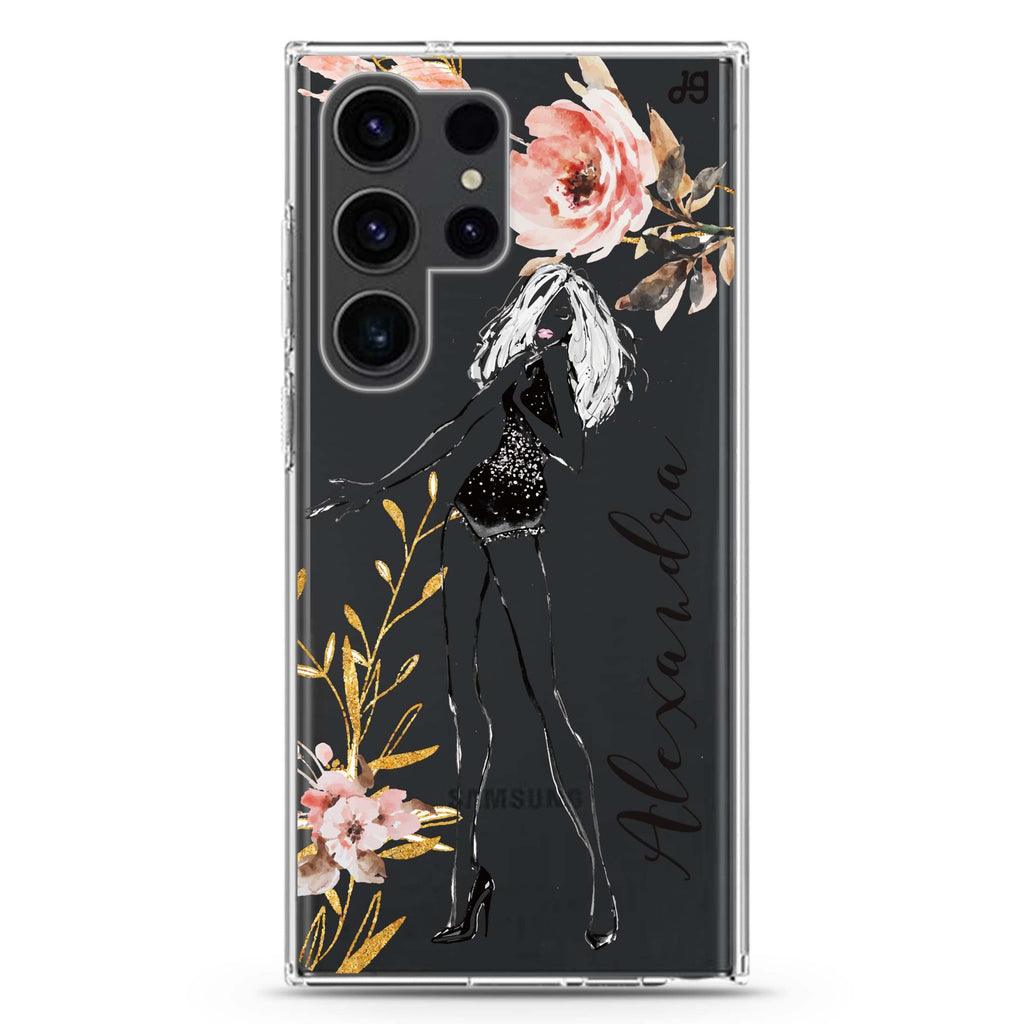 Flower Fashion V Cat Samsung Galaxy Ultra 可加名字透明保護殼，適用 S26/S25/S24/S23 Ultra，圖1