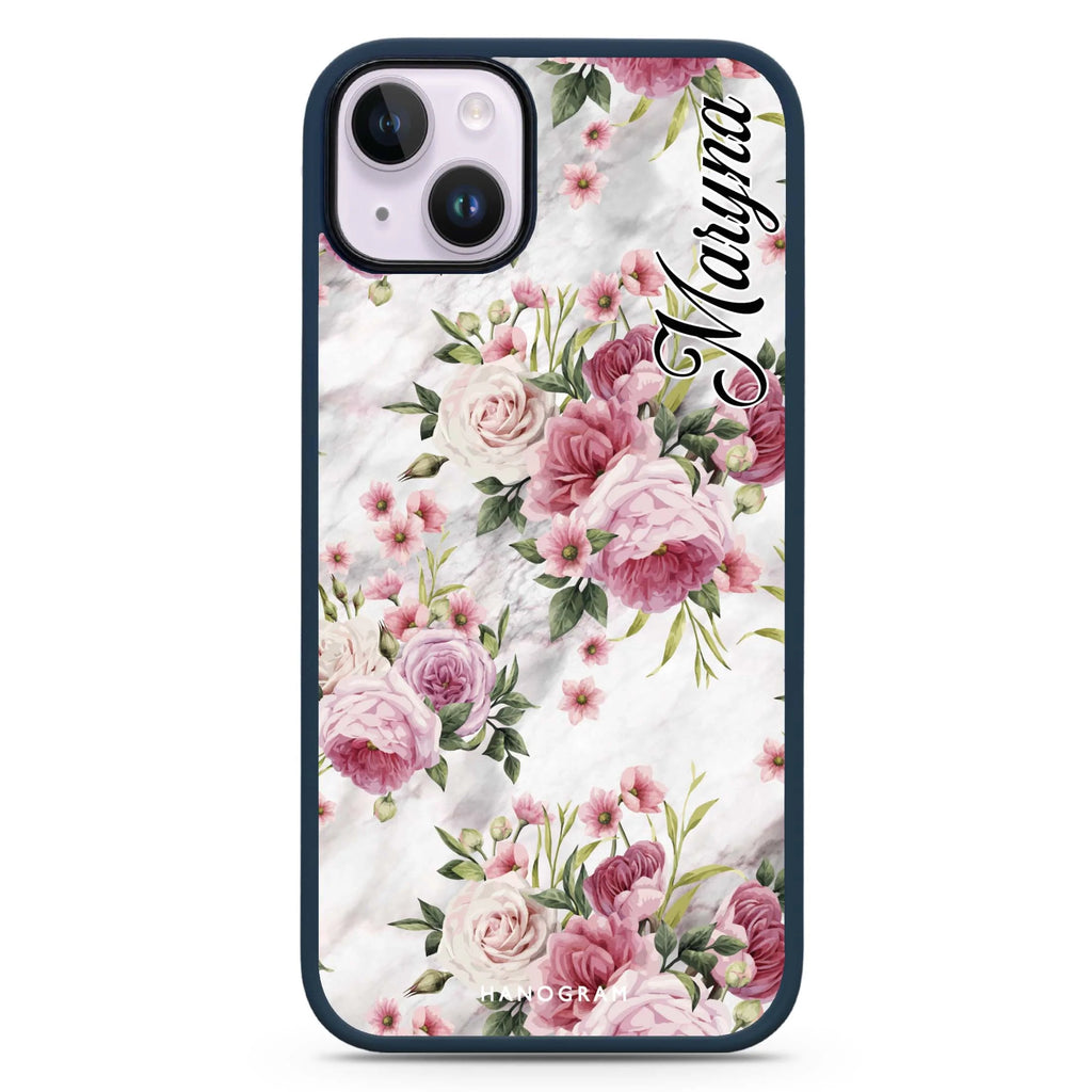 Marble and Pink Floral iPhone 14 Plus Magsafe 兼容防衝擊保護殼