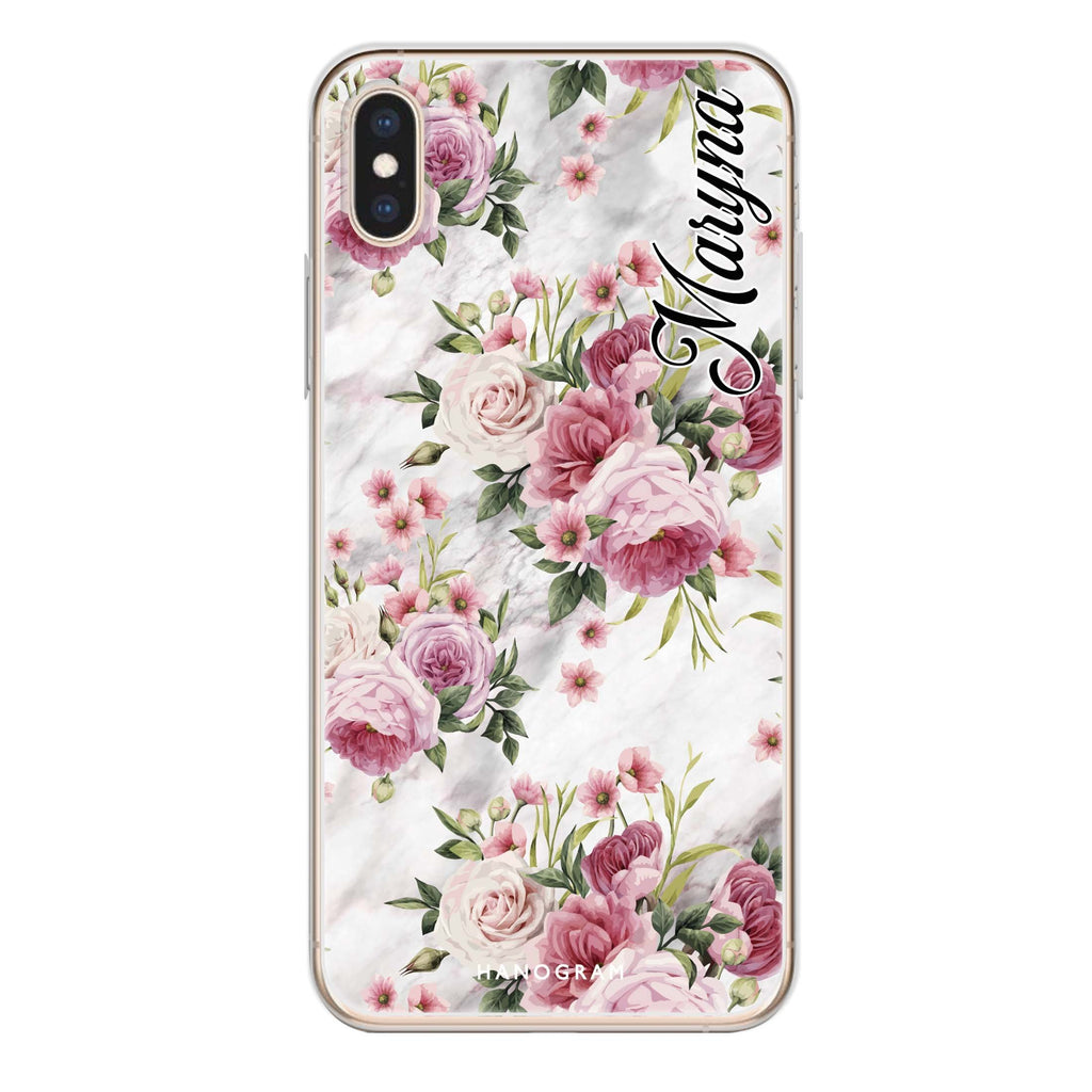 Marble and Pink Floral iPhone XS 水晶透明保護殼