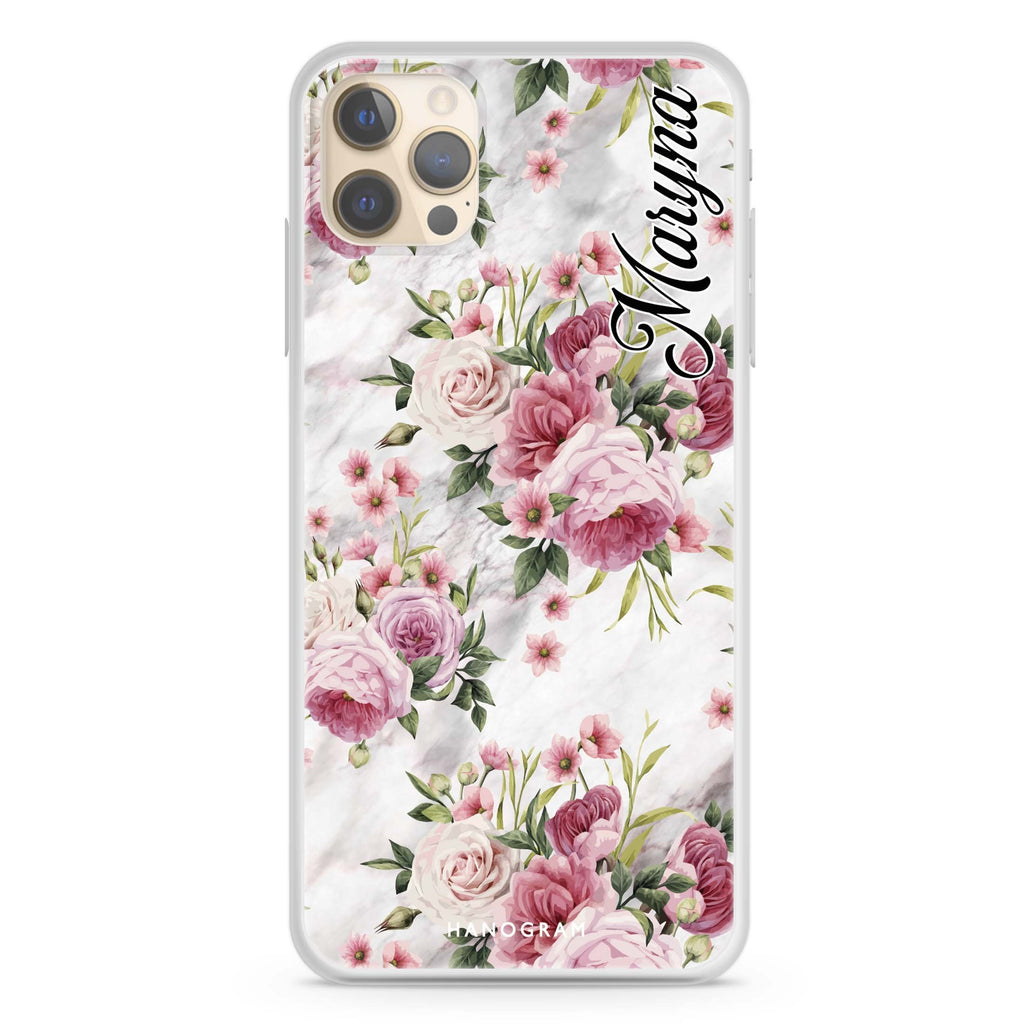 Marble and Pink Floral iPhone 12 Pro 透明軟保護殻