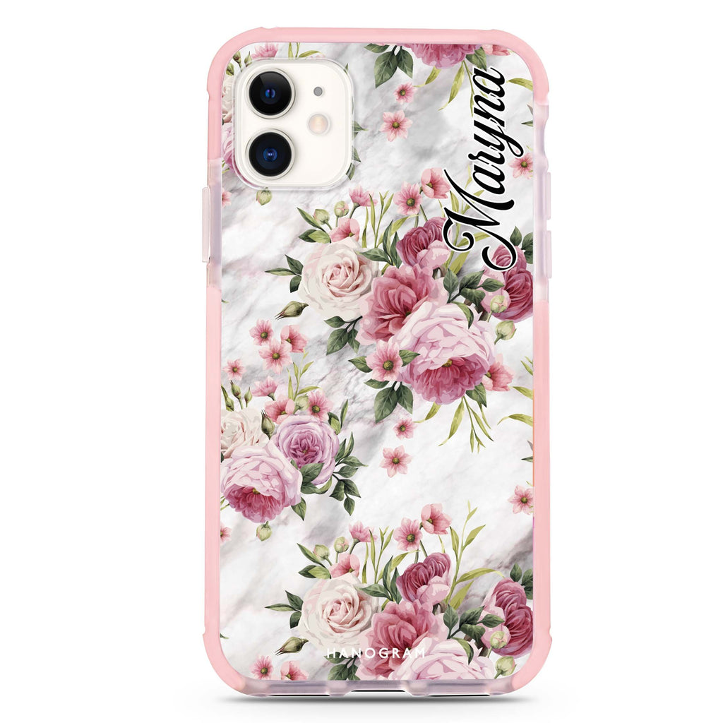 Marble and Pink Floral iPhone 11 吸震防摔保護殼