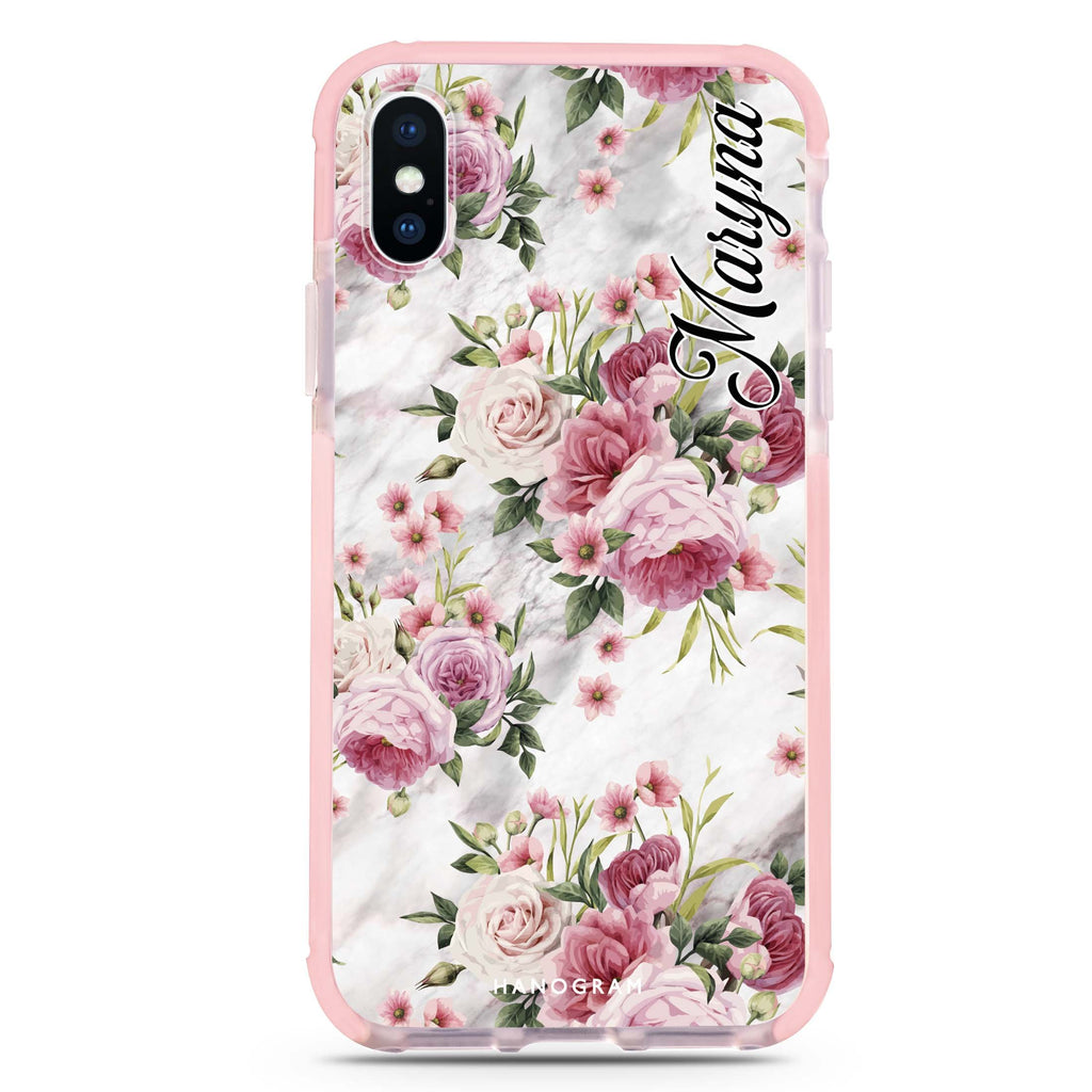 Marble and Pink Floral iPhone XS Max 吸震防摔保護殼