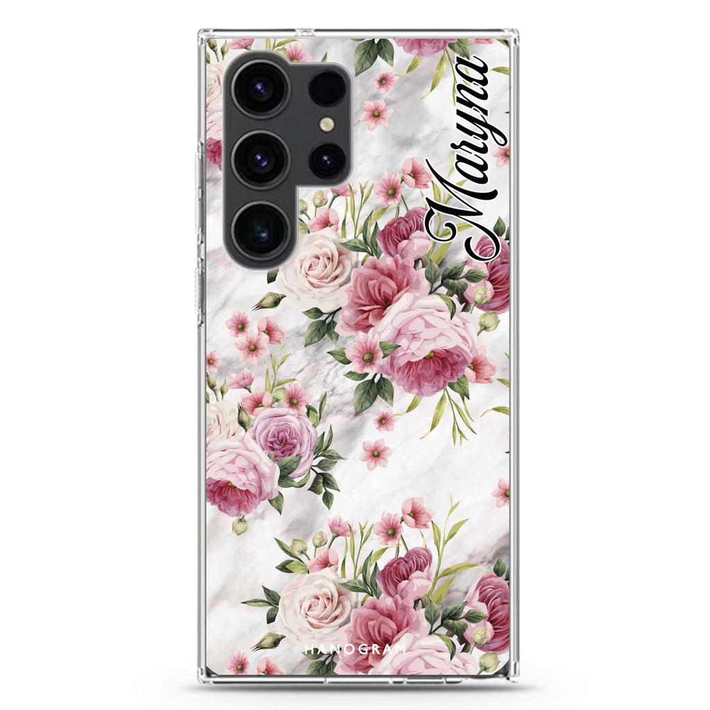 Marble and Pink Floral Samsung Galaxy Ultra 可加名字透明保護殼，適用 S26/S25/S24/S23 Ultra，圖1