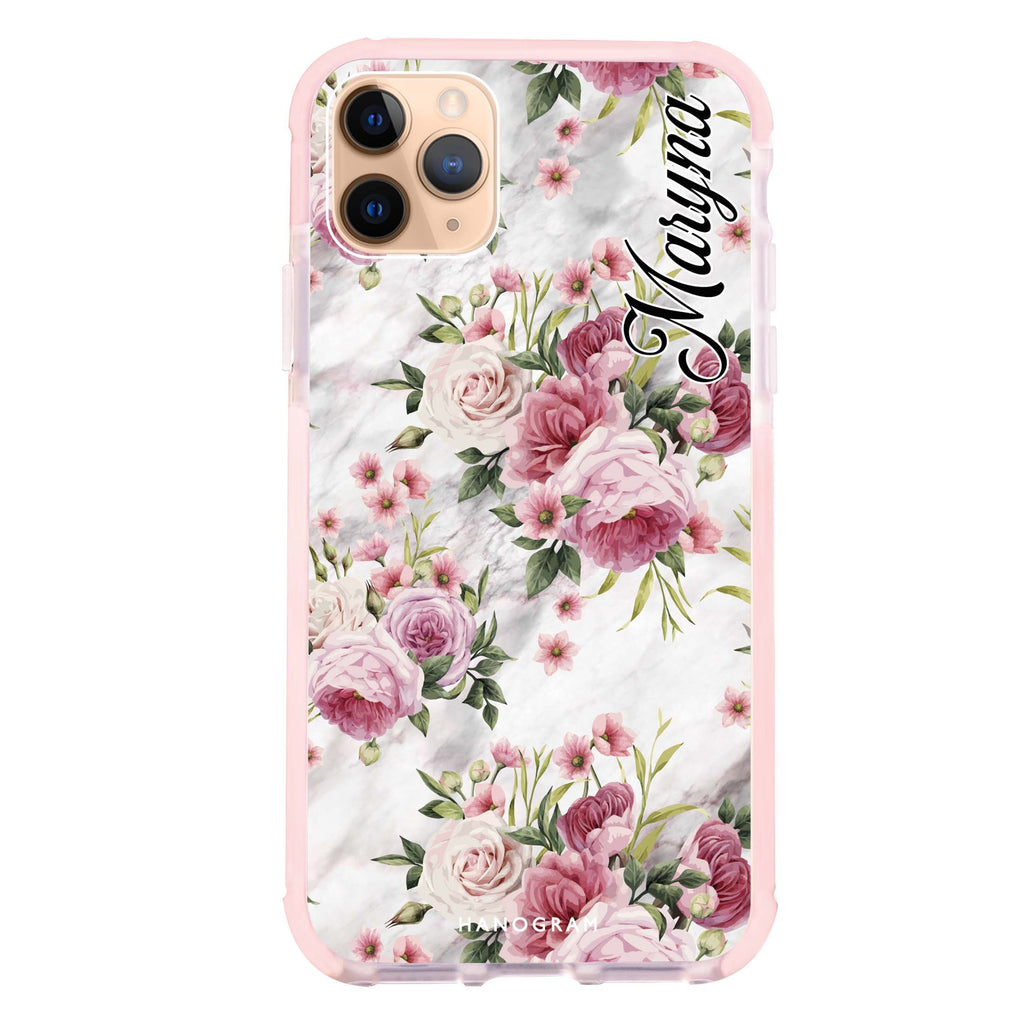 Marble and Pink Floral iPhone 11 Pro Max 吸震防摔保護殼
