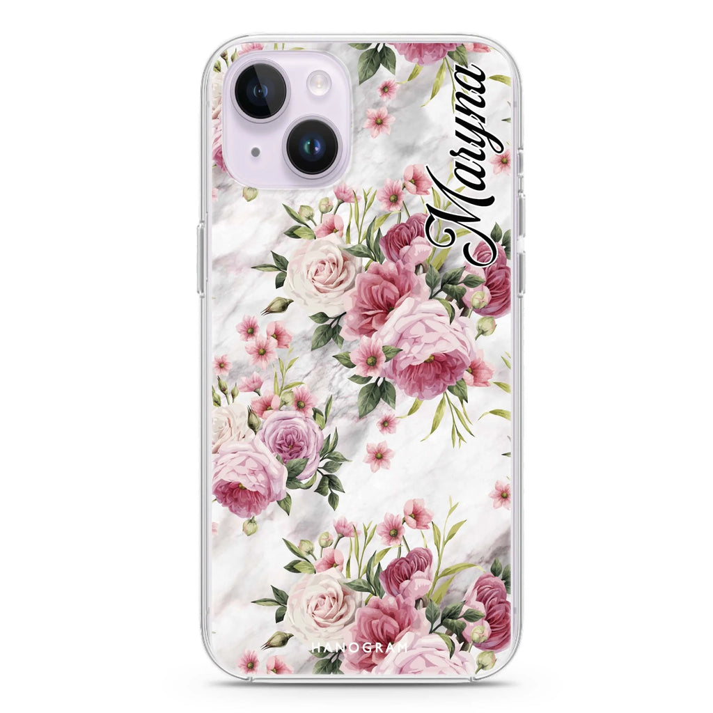 Marble and Pink Floral iPhone 14 水晶透明保護殼