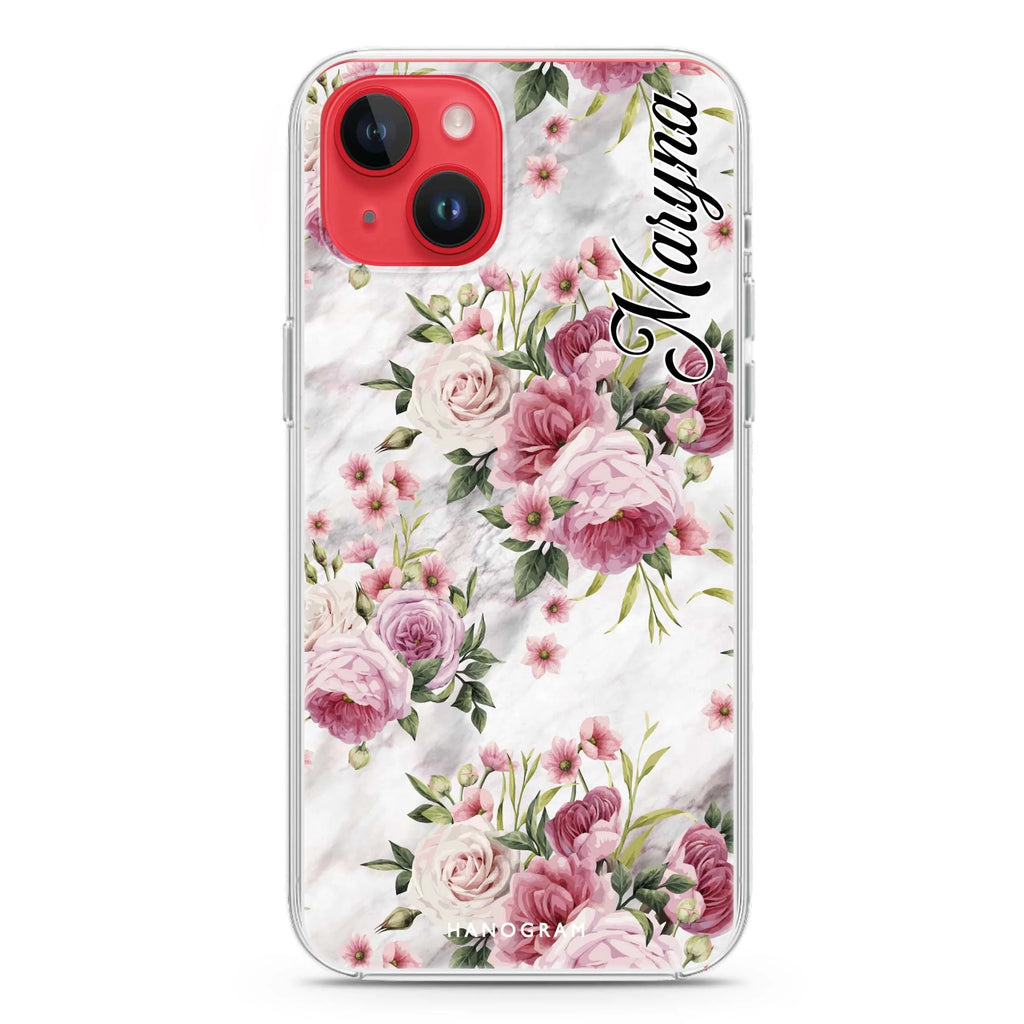 Marble and Pink Floral iPhone 14 plus 水晶透明保護殼