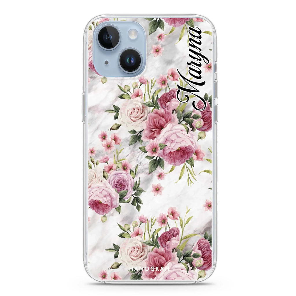 Marble and Pink Floral iPhone 14 Magsafe 兼容水晶透明保護殼