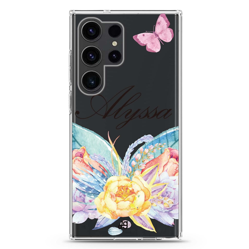 Butterfly and Abloom Rose Samsung Galaxy Ultra 可加名字透明保護殼，適用 S26/S25/S24/S23 Ultra，圖1