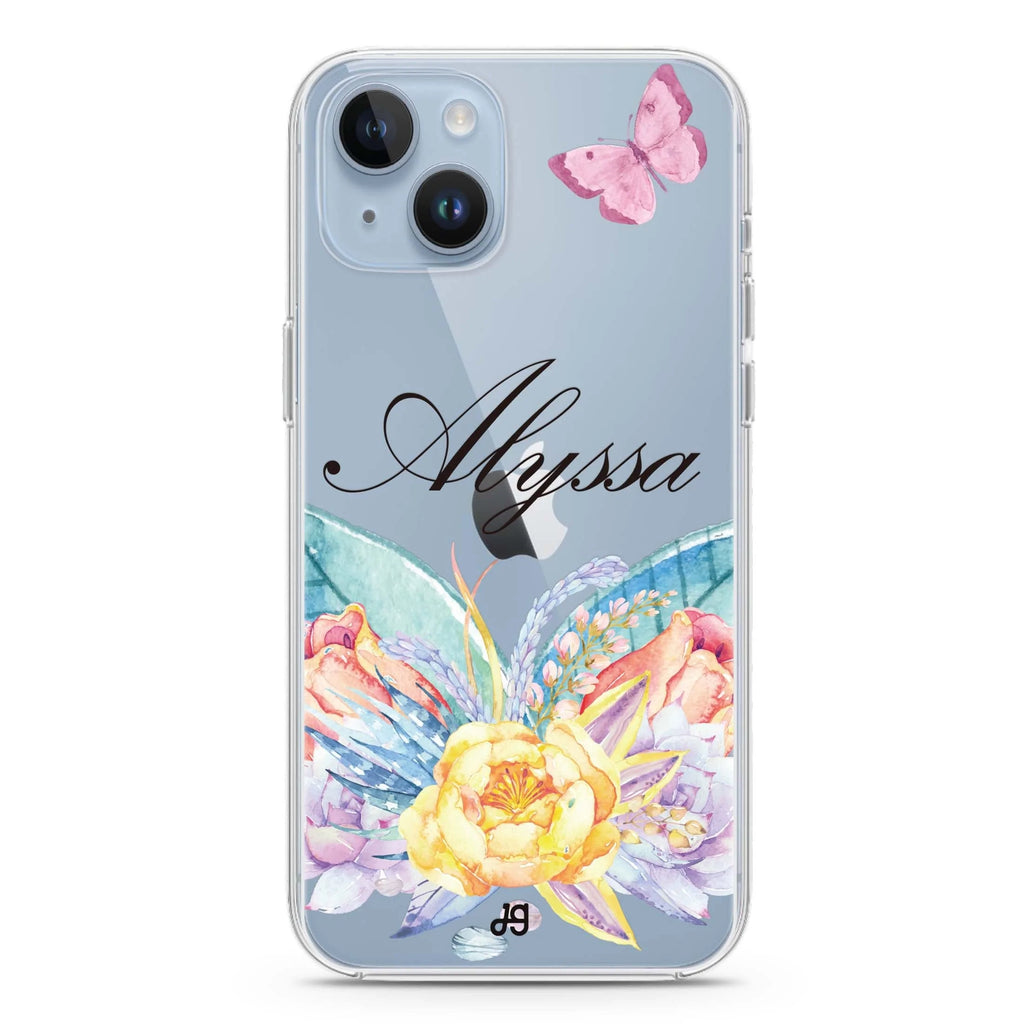 Butterfly and Abloom Rose iPhone 14 水晶透明保護殼