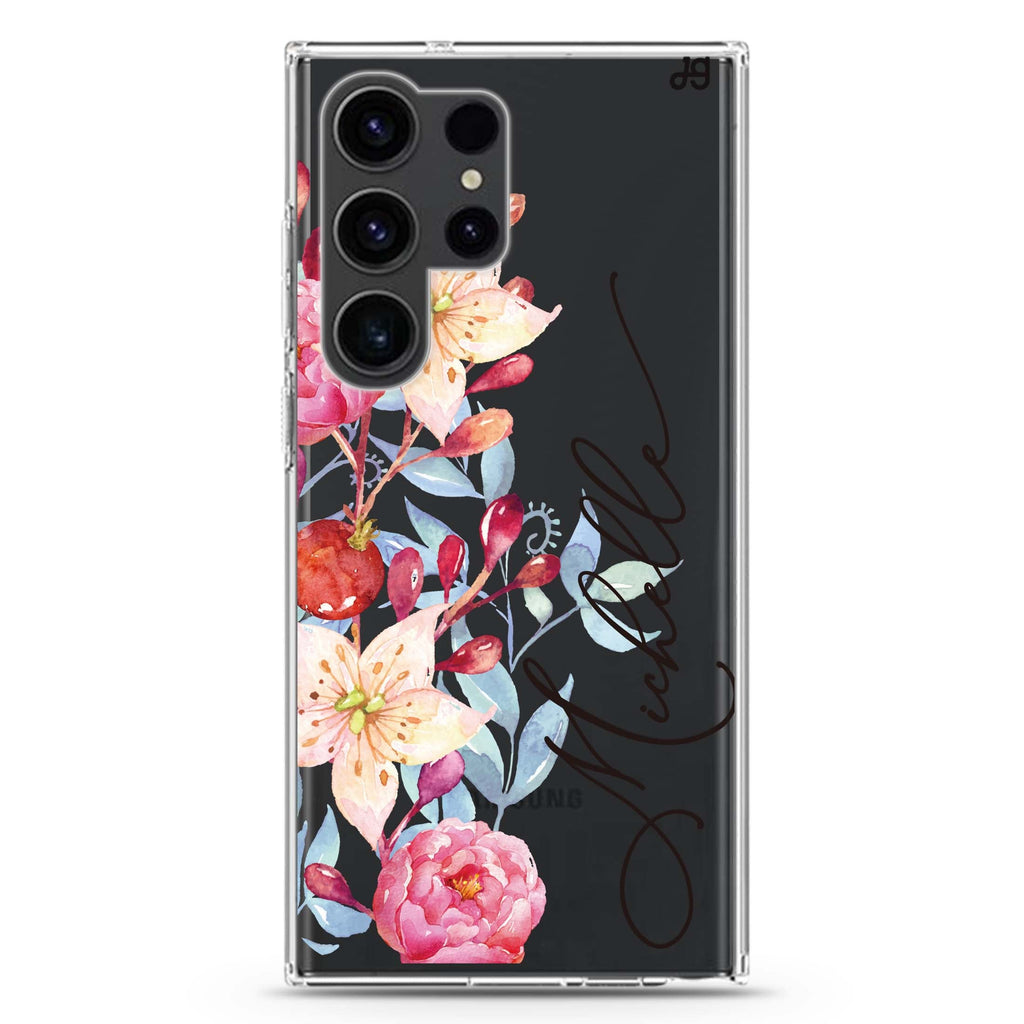 Pink Watercolor Floral Bouquet Samsung Galaxy Ultra 可加名字透明保護殼，適用 S26/S25/S24/S23 Ultra，圖1
