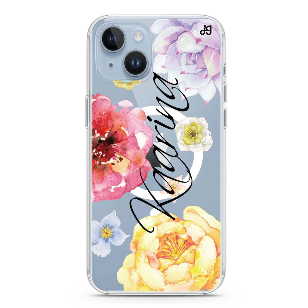 Colorful Watercolor Flowers iPhone 14 Magsafe 兼容水晶透明保護殼