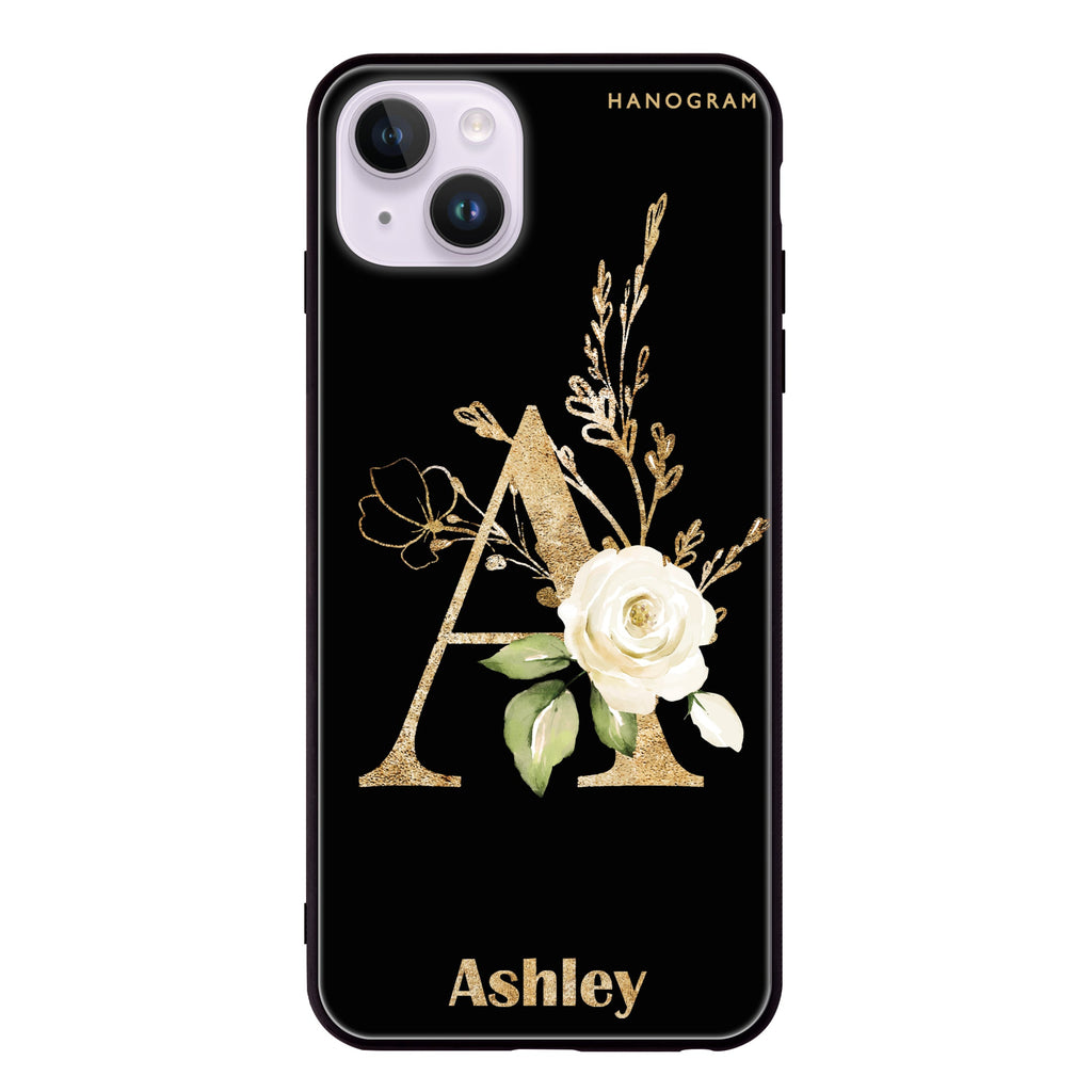 Golden Floral Monogram iPhone 14 超薄強化玻璃殻