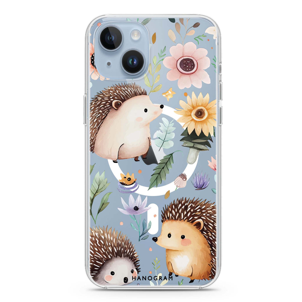 Hedgehog & Floral iPhone 14 Plus Magsafe 兼容水晶透明保護殼
