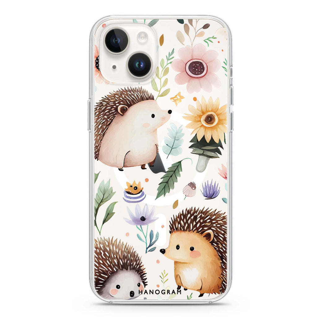 Hedgehog & Floral iPhone 14 Magsafe 兼容水晶透明保護殼