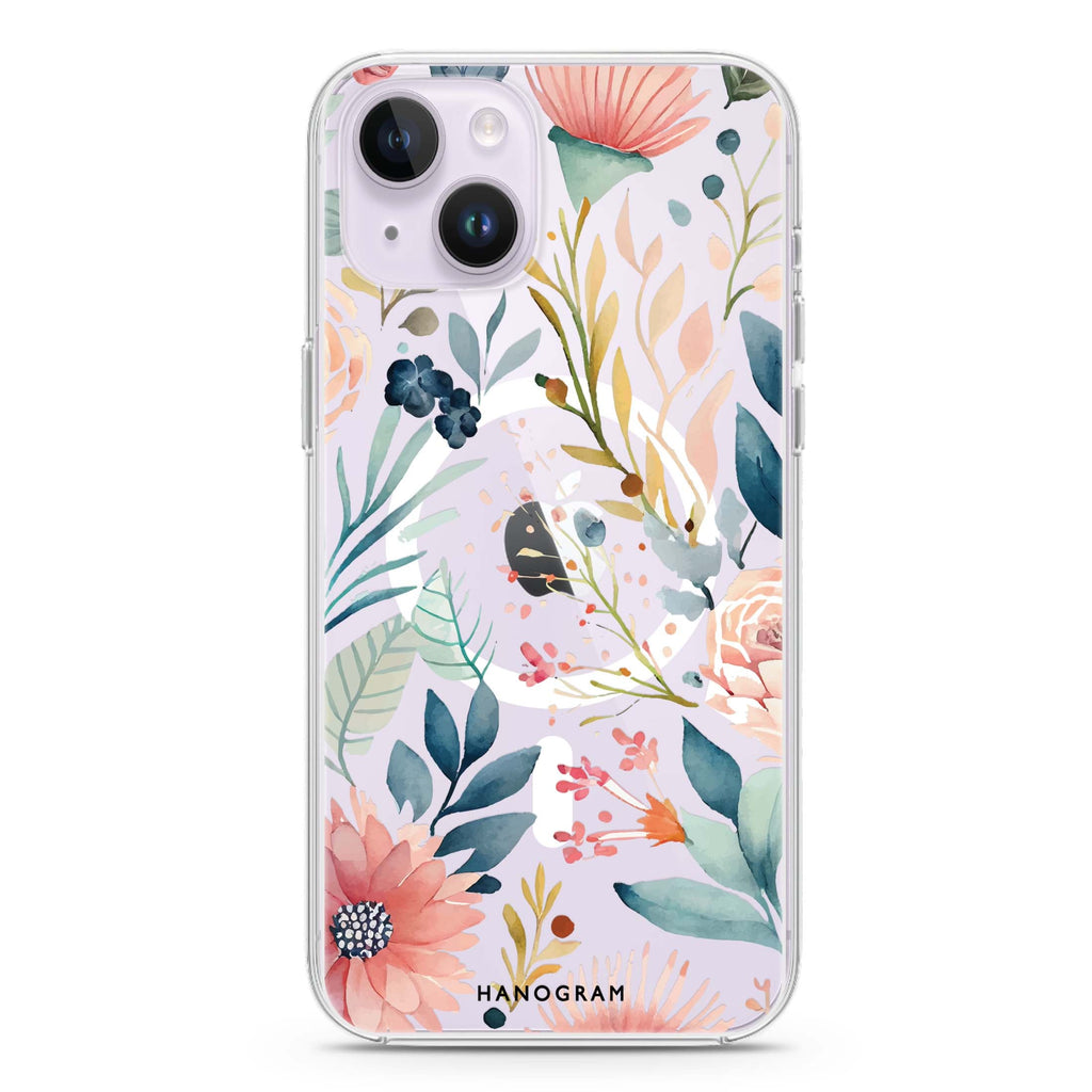 Floral Pattern iPhone 14 Magsafe 兼容水晶透明保護殼