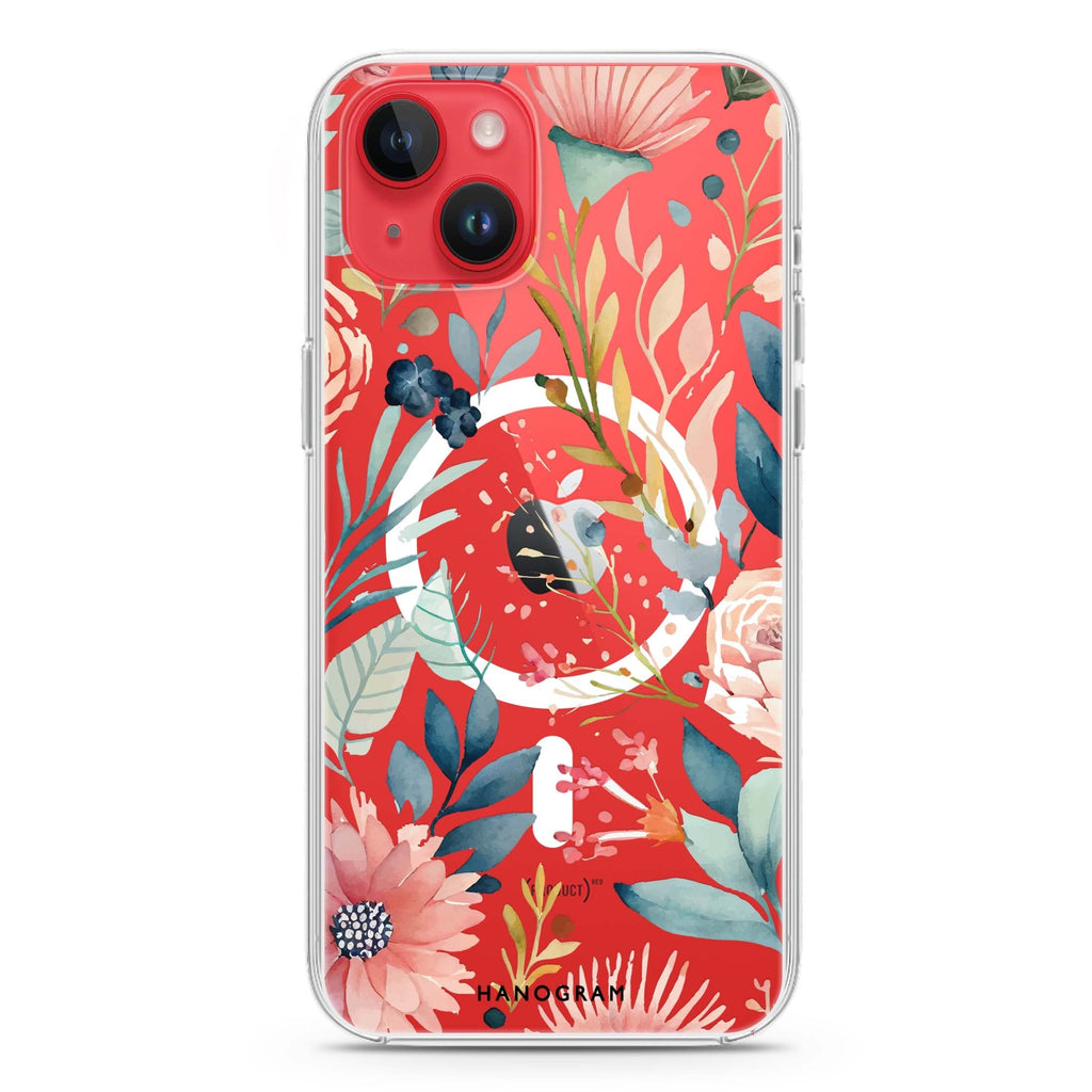 Floral Pattern iPhone 14 Plus Magsafe 兼容水晶透明保護殼