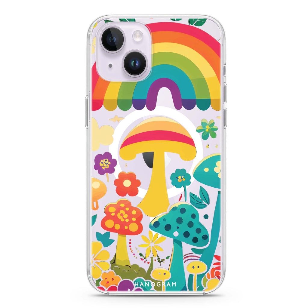 Rainbow Mushroom Garden iPhone 14 Plus Magsafe 兼容水晶透明保護殼