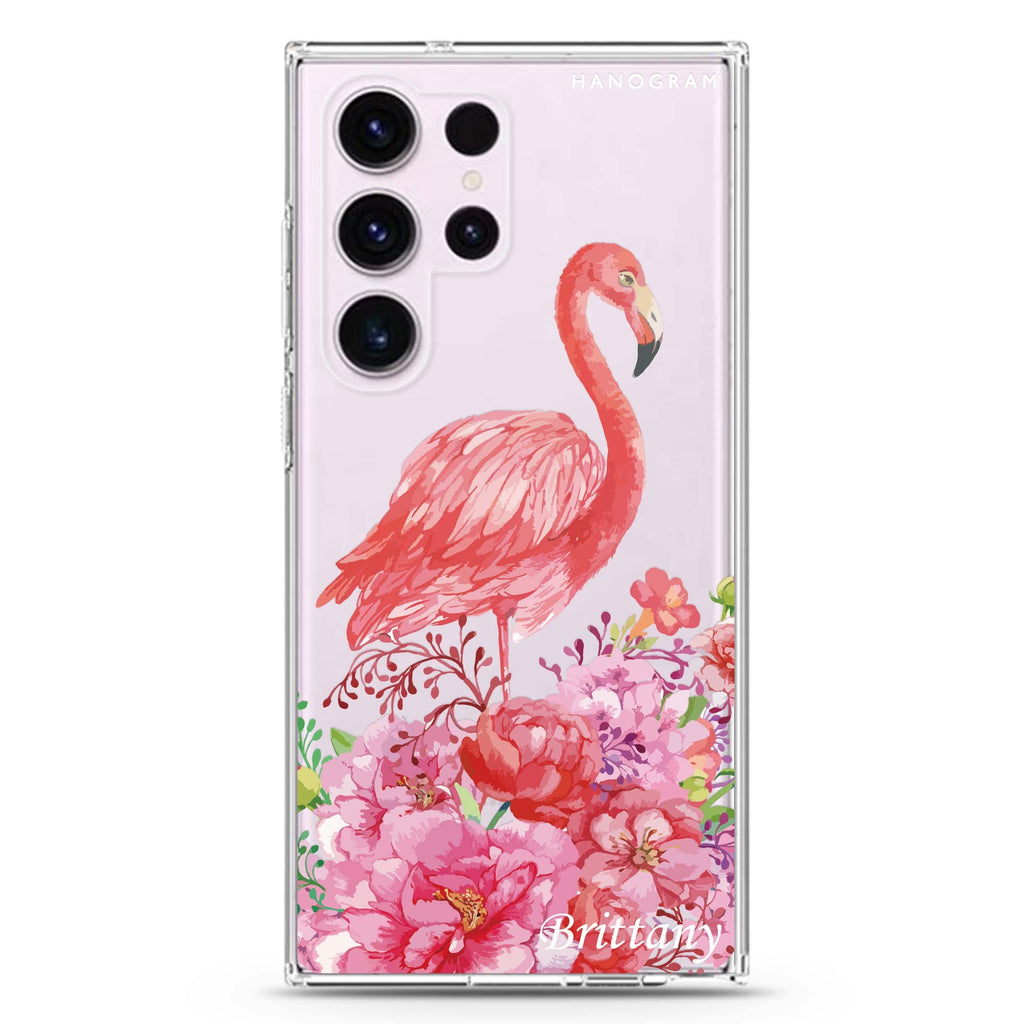 Flamingo & Flower Samsung Galaxy Ultra 可加名字透明保護殼，適用 S26/S25/S24/S23 Ultra，圖1