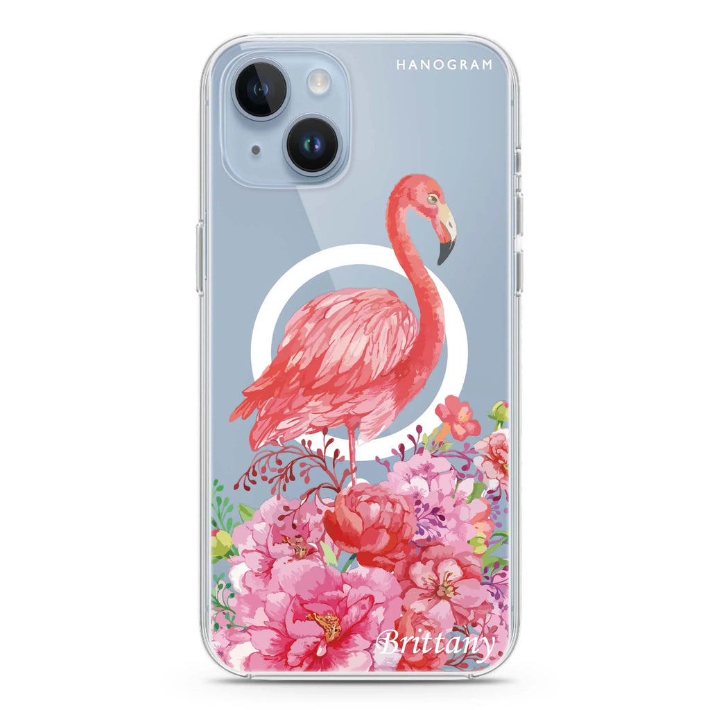 Flamingo & Flower iPhone 14 Magsafe 兼容水晶透明保護殼