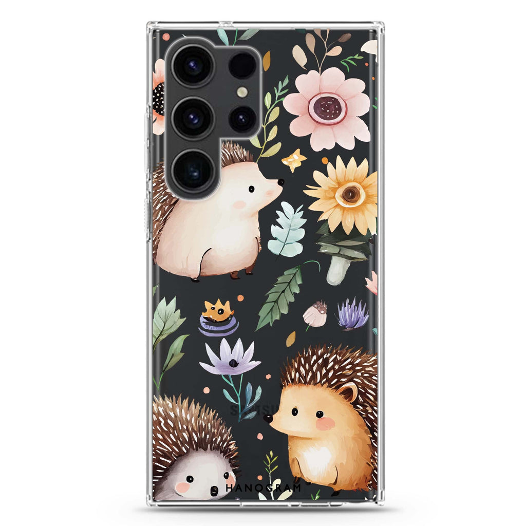 Hedgehog & Floral Samsung Galaxy Ultra 透明保護殼，適用 S26/S25/S24/S23 Ultra，圖1